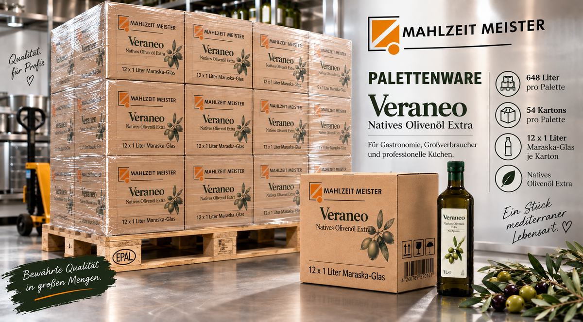 Veraneo Natives Olivenöl Extra | 12x1 Liter Maraska-Glas Palettenware (648 L)