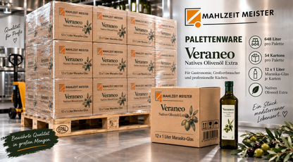 Veraneo Natives Olivenöl Extra | 12x1 Liter Maraska-Glas Palettenware (648 L)
