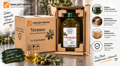 Veraneo Natives Olivenöl Extra | 3x5 Liter Kanister im Karton Palettenware (825 Liter)