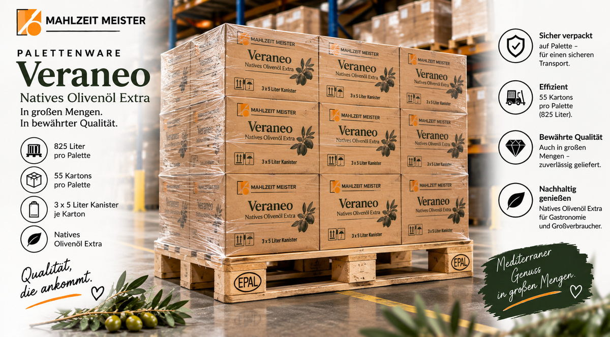 Veraneo Natives Olivenöl Extra | 3x5 Liter Kanister im Karton Palettenware (825 Liter)